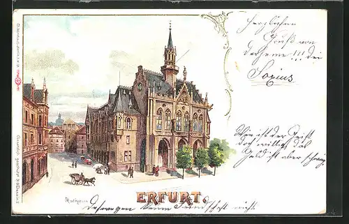 Lithographie Erfurt, Blick auf das Rathaus