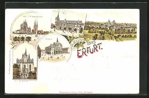 Lithographie Erfurt, Rathaus und Post