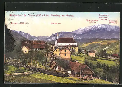 AK St. Corona, Ortspartie mit Bergpanorama, Raxalpe, Mittagstein und Schneeberg
