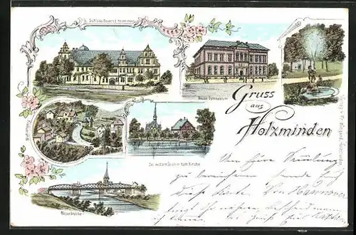 Lithographie Holzminden, Schloss Bevern, Der mittlere Teich mit kath. Kirche, Weserbrücke