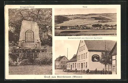 AK Meinbrexen / Weser, Gastwirtschaft von Heinirch Hartmann, Kriegerdenkmal, Totalansicht