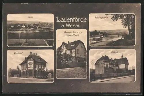 AK Lauenförde a. Weser, Gemeindehaus und Jugendheim, Postamt, Weserpartie mit Brücke