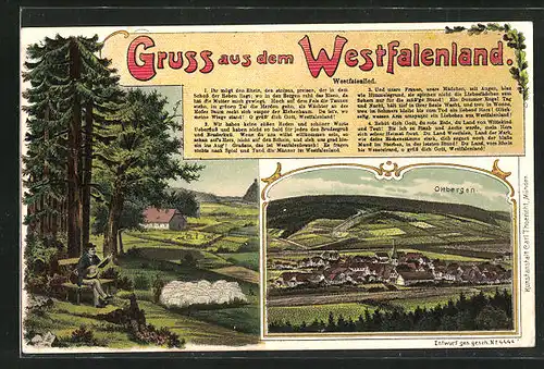 Künstler-AK Ottbergen / Westfalen, Teilansicht, Panorama mit Schäfer und Lautenspieler, Westfalenlied