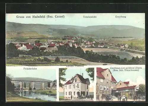 AK Malsfeld, Gasthaus zum goldenen Löwen, Fuldabrücke, Kaiserliches Postamt