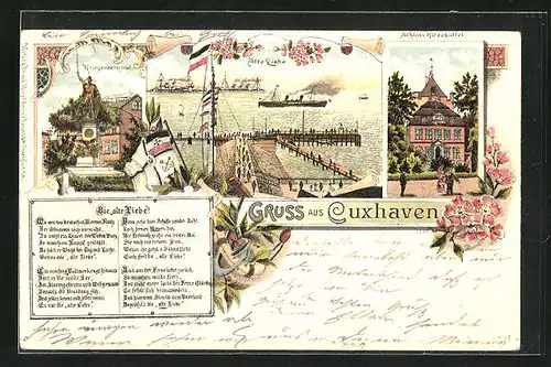 Lithographie Cuxhaven, Schloss Ritzebüttel, Alte Liebe, Kriegerdenkmal