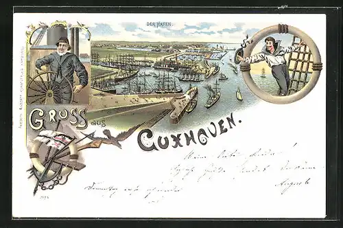Lithographie Cuxhaven, Der Hafen, Matrose, Steuermann