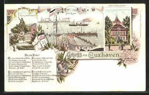 Lithographie Cuxhaven, Schloss Ritzebüttel, Alte Liebe, Kriegerdenkmal