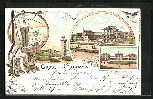 Lithographie Cuxhaven, Christian Goerne Stiftung Duhnen, Leuchtturm und Seepavillon, Ortspartie