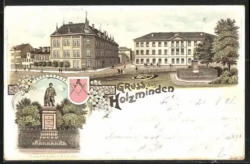Lithographie Holzminden, Hotel Buntrock und Baugewerkschule, Haarmann-Denkmal
