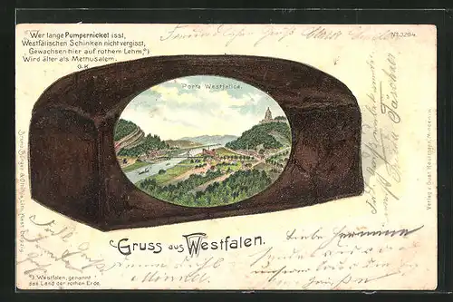 Passepartout-Lithographie Porta Westfalica / Westfalen, Teilansicht mit Brücke im Pumpernickel