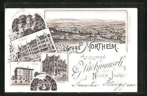 Lithographie Northeim, Kaiserliches Postamt, Am Markt, Seminar, Neujahrsgruss