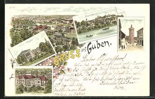Lithographie Guben, Theater, Werderthor-Thurm, Kreishaus