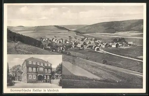 AK Rattlar in Waldeck, Gasthof zur Post, Panoramablick auf das Dorf
