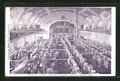 AK Crimmitschau, Turnhalle des Männerturnvereins, 1915 mit Soldaten belegt