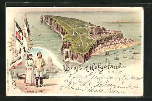 Lithographie Helgoland, Gesamtansicht der Insel, Helgoländer Paar in Tracht