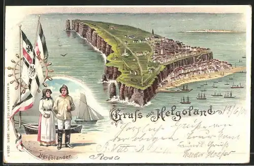 Lithographie Helgoland, Totalansicht der Insel, Helgoländer Paar