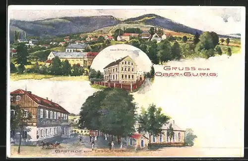 Künstler-AK Ober-Gurig, Gasthof zum Erbgericht, Neue Schule