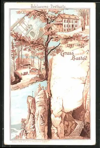 Lithographie Bastei, Gasthaus Wald-Villa, Aufgang durch die Schwedenlöcher