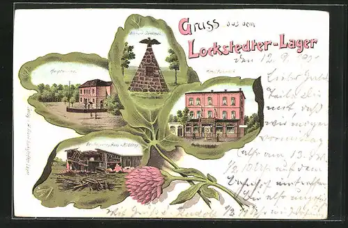 Passepartout-Lithographie Lockstedter Lager, Hotel Kaiserhof, Hauptwache, Bismarck-Denkmal, Ansichten auf Kleeblatt