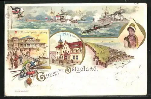 Lithographie Helgoland, Conversationshaus, Postgebäude, Kriegsschiffe und U-Boot