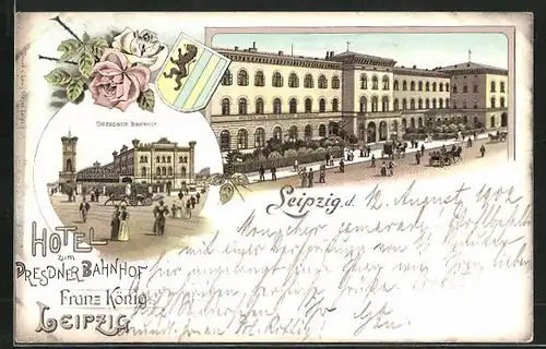 Lithographie Leipzig, Hotel Zum Dresdner Bahnhof, Dresdener Bahnhof, Wappen