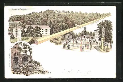 Lithographie Bad Liebenstein, Hotel Kurhaus mit Burgruine, Kurplatz mit Greifenbrunnen, Eingang zur alten Burg