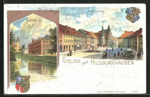 Lithographie Hildburghausen, Marktplatz mit Brunnen und Rathaus, Technikum, Wappen