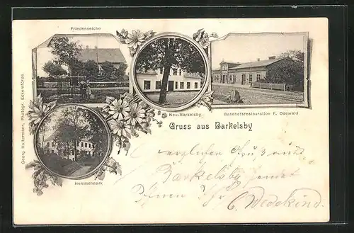 AK Barkelsby, Bahnhofrestaurant F. Osewald, Friedenseiche, Hemmelmark