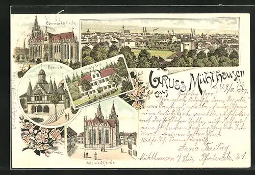 Lithographie Mühlhausen, Weisses Haus, Obermarktskirche