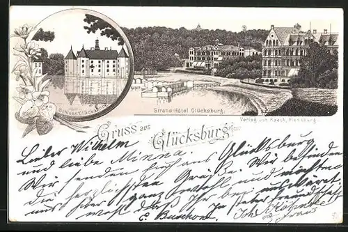 Vorläufer-Lithographie Glücksburg, 1895, Strand-Hotel Glücksburg, Schloss
