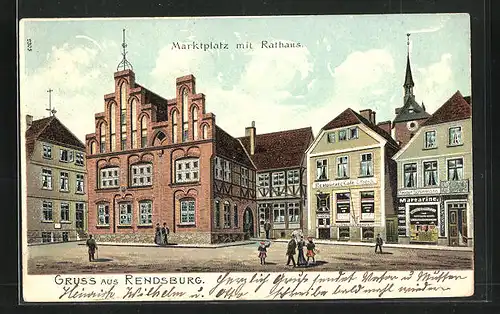 Lithographie Rendsburg, Restaurant-Café C. Rodeck, Marktplatz mit Rathaus