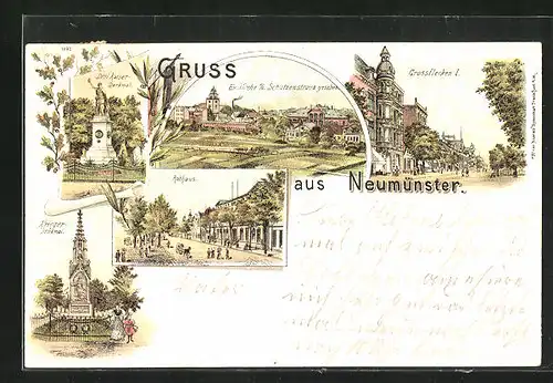 Lithographie Neumünster, Rathaus, Krieger-Denkmal