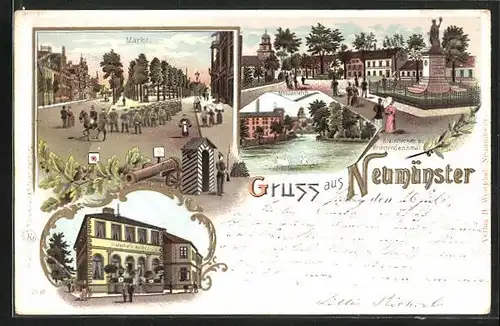 Lithographie Neumünster, Bahnhofs-Hotel, Markt