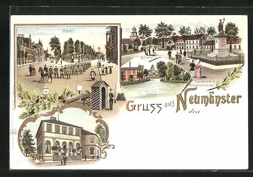 Lithographie Neumünster, Bahnhofs-Hotel, Mühlenteich