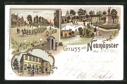 Lithographie Neumünster, Bahnhofs-Hotel, Mühlenteich, Kriegerdenkmal