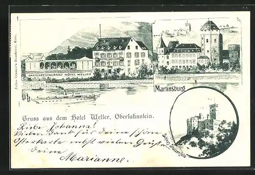 Lithographie Oberlahnstein, Hotel Weller, Martinsburg