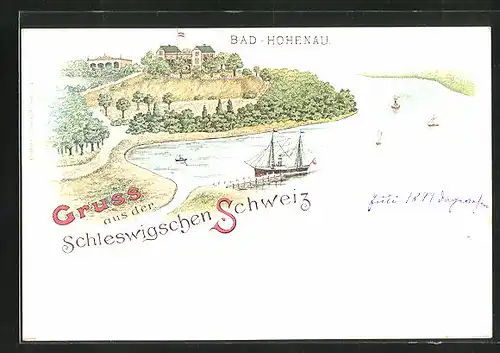 Lithographie Bad Hohenau, Ortsansicht mit Dampfer
