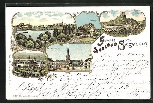 Lithographie Segeberg, Hotel Kurhotel aus der Vogelschau, Marktplatz mit Kirche, Kalkberg