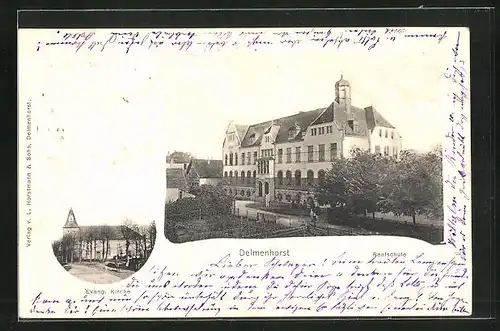 AK Delmenhorst, Realschule aus der Vogelschau, Evang. Kirche