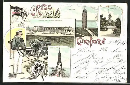 Lithographie Cuxhaven, Kaserne der Matrosen Artillerie, Kugelbaake, Leuchtturm