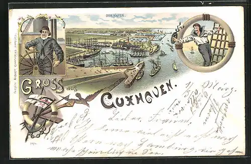 Lithographie Cuxhaven, Der Hafen mit Dampfer aus der Vogelschau