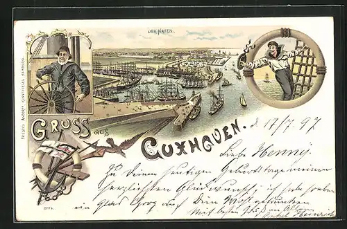 Lithographie Cuxhaven, Hafen mit Dampfer und Schiffen aus der Vogelschau, Kapitän am Steuer