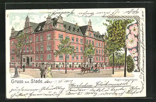 Lithographie Stade, Regierungsgebäude mit Pferdekutsche