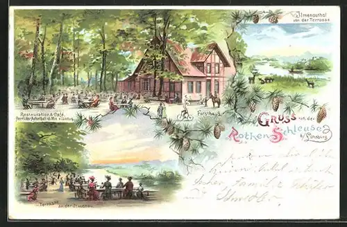 Lithographie Lüneburg, Restaurant-Café Rothen Schleuse, Terrasse an der Ilmenau