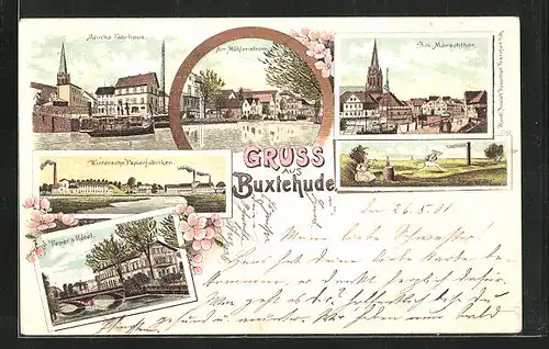 Lithographie Buxtehude, Hotel Peper, Papierfabrik Wintersche, Partie am Mühlenstrom mit Fährhaus