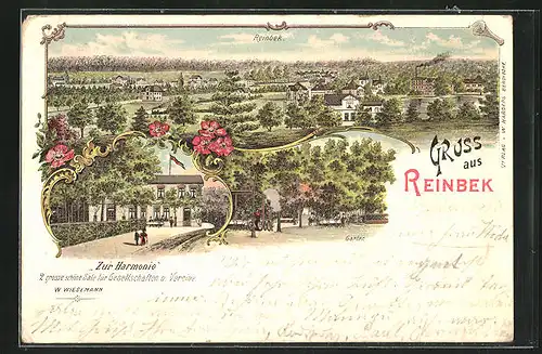 Lithographie Reinbek, Gasthaus Zur Harmonie mit Terrasse, Panorama