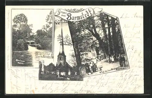 AK Barmstedt, Brauerei Rantzau mit Wegansicht, Kriegerdenkmal mit Kirche, Rantzau Mühle