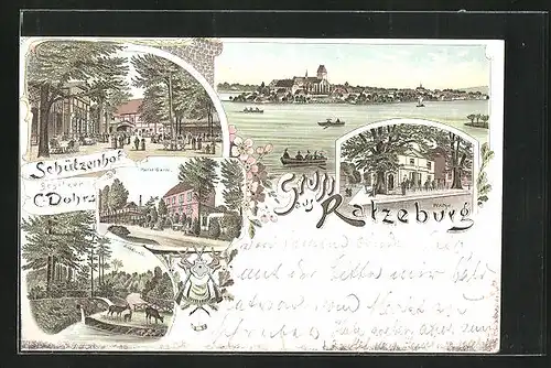 Lithographie Ratzeburg, Gasthaus Schützenhof, Gotel Garni, Wache