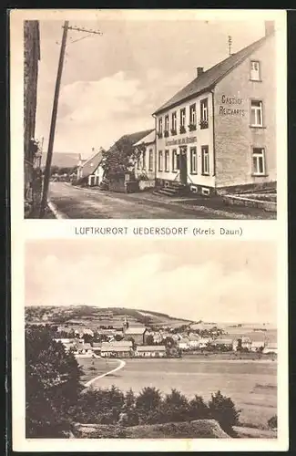 AK Uedersdorf, Gasthof Reicharts, Totalansicht mit Kirche