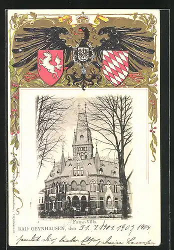 Passepartout-Lithographie Bad Oeynhausen, Gesamtansicht der Farne-Villa, Wappen